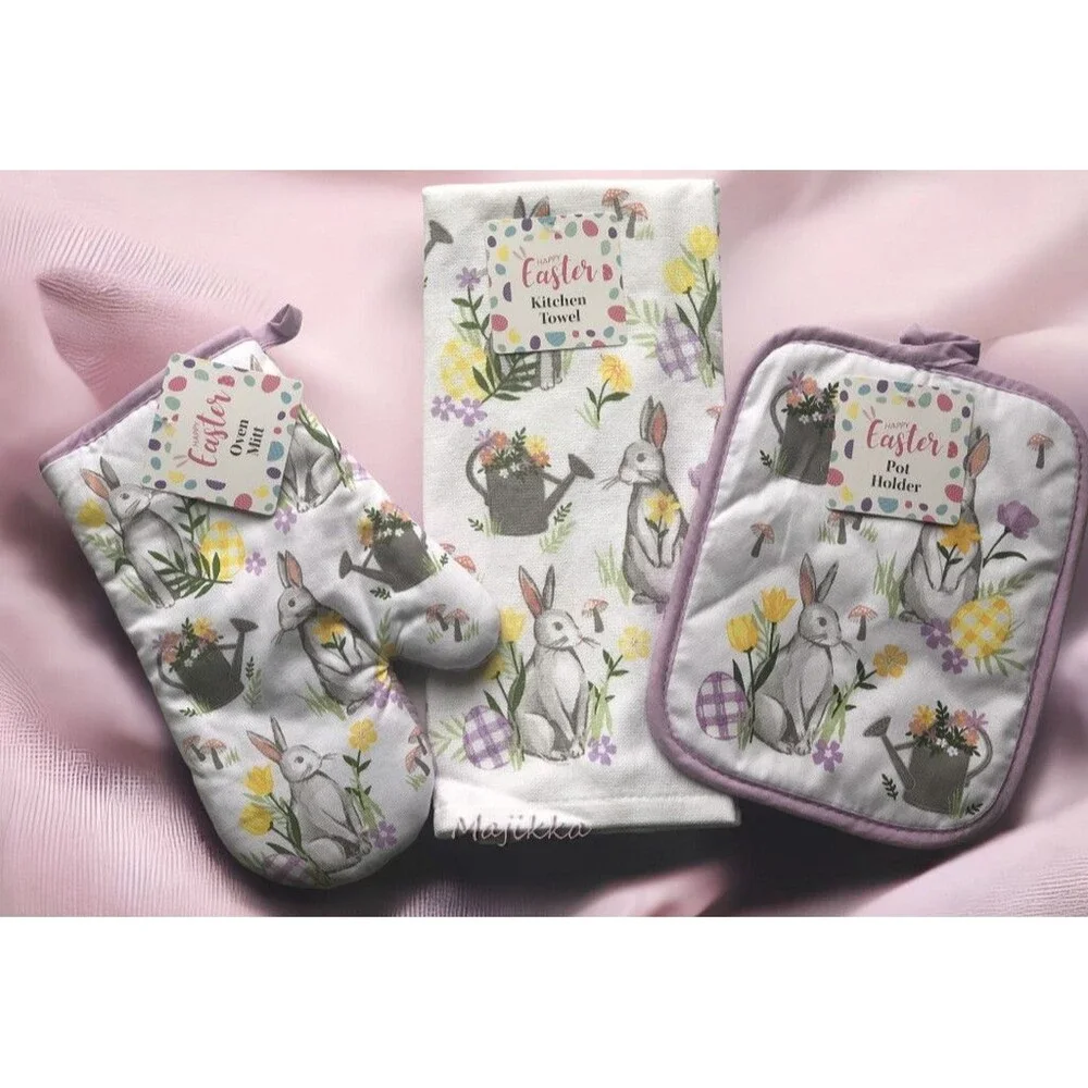 Easter Kitchen Dish Towel Potholder Oven Mitt Bunny Peter Cottontail Set of 3